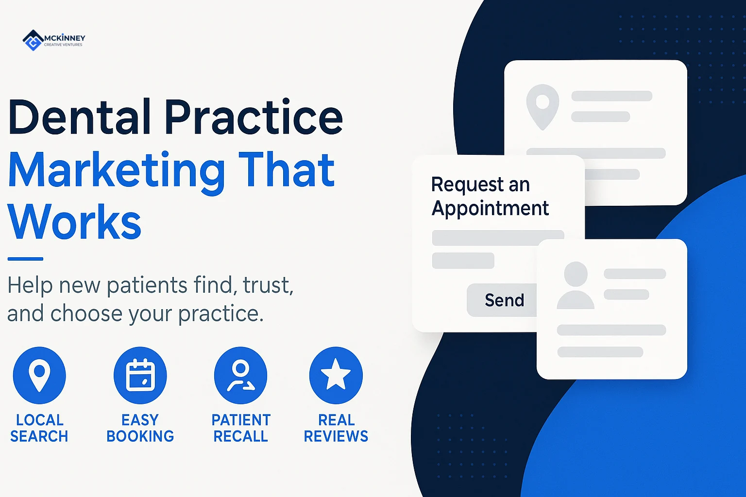 Dental practice marketing infographic showing local search, easy booking, patient recall, and real reviews