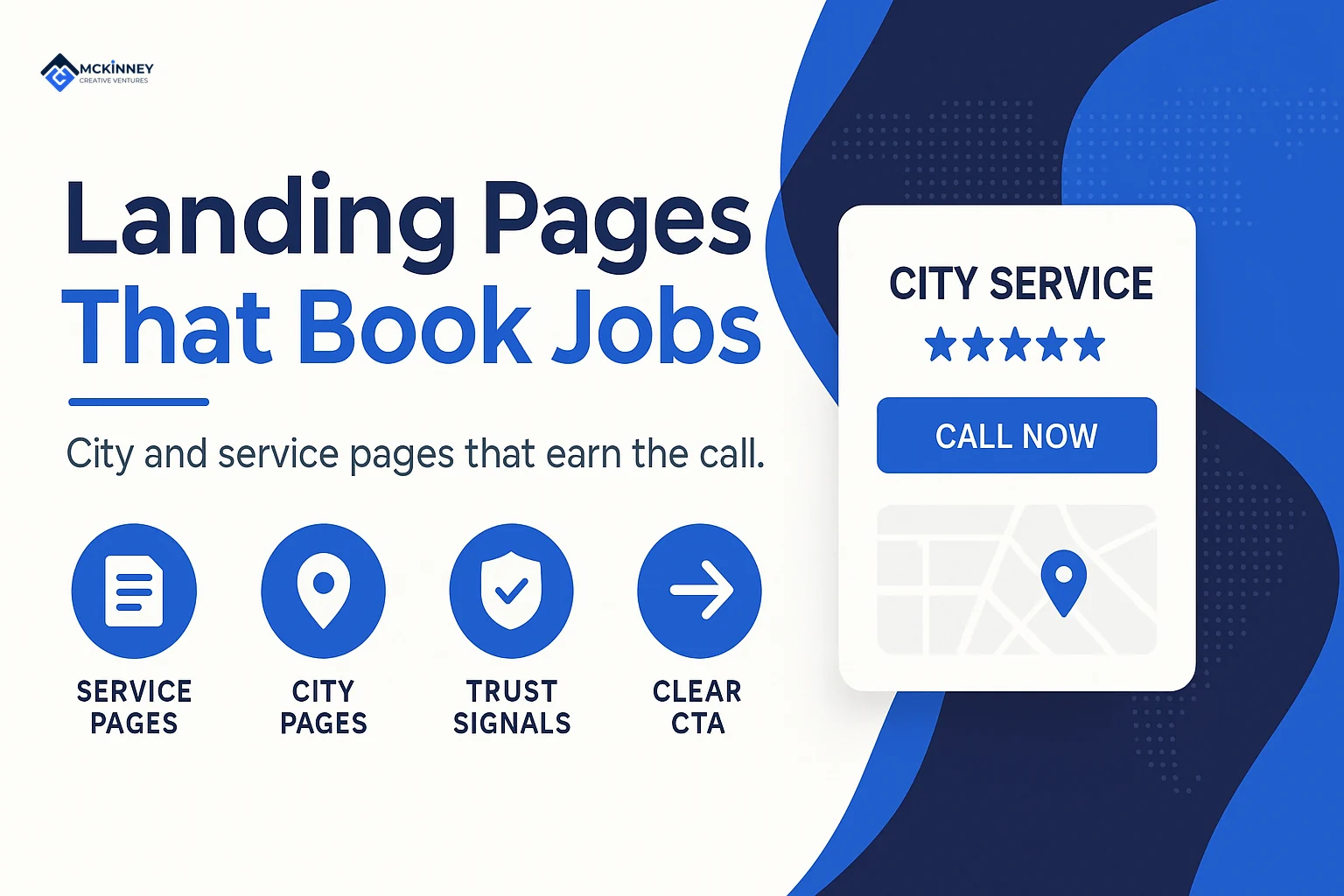 A local service business landing page layout showing city and service page structure, trust signals, and a clear call to action