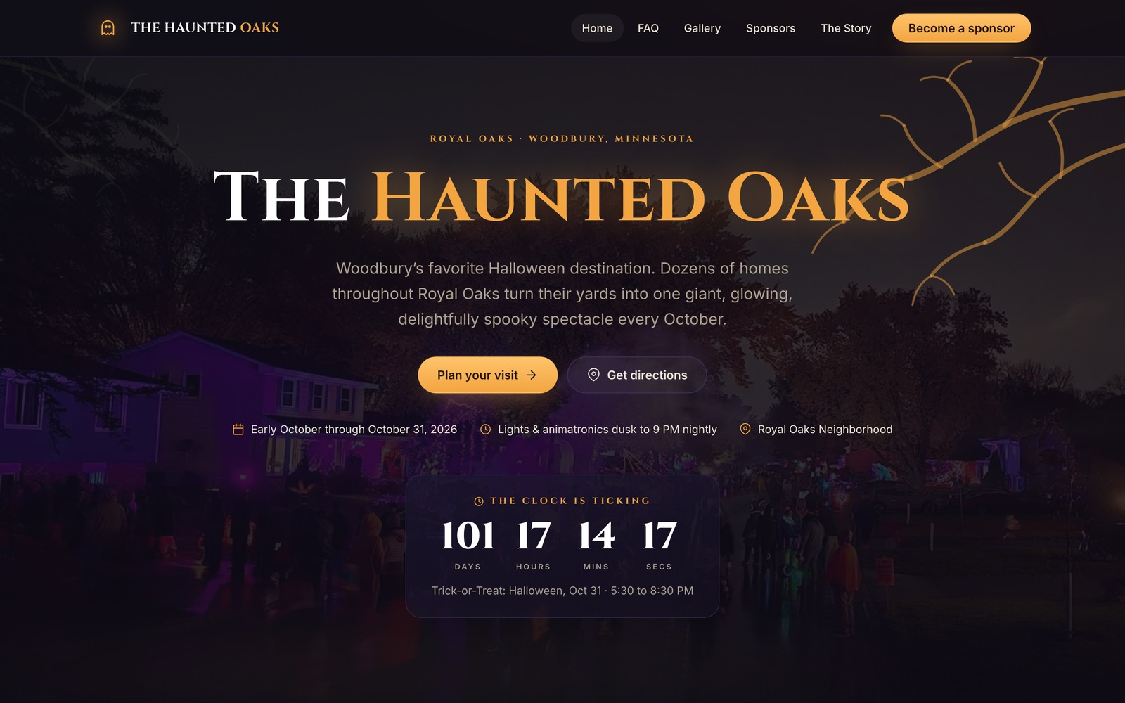 Website homepage for The Haunted Oaks, Woodbury Halloween event with online ticketing and timed entry