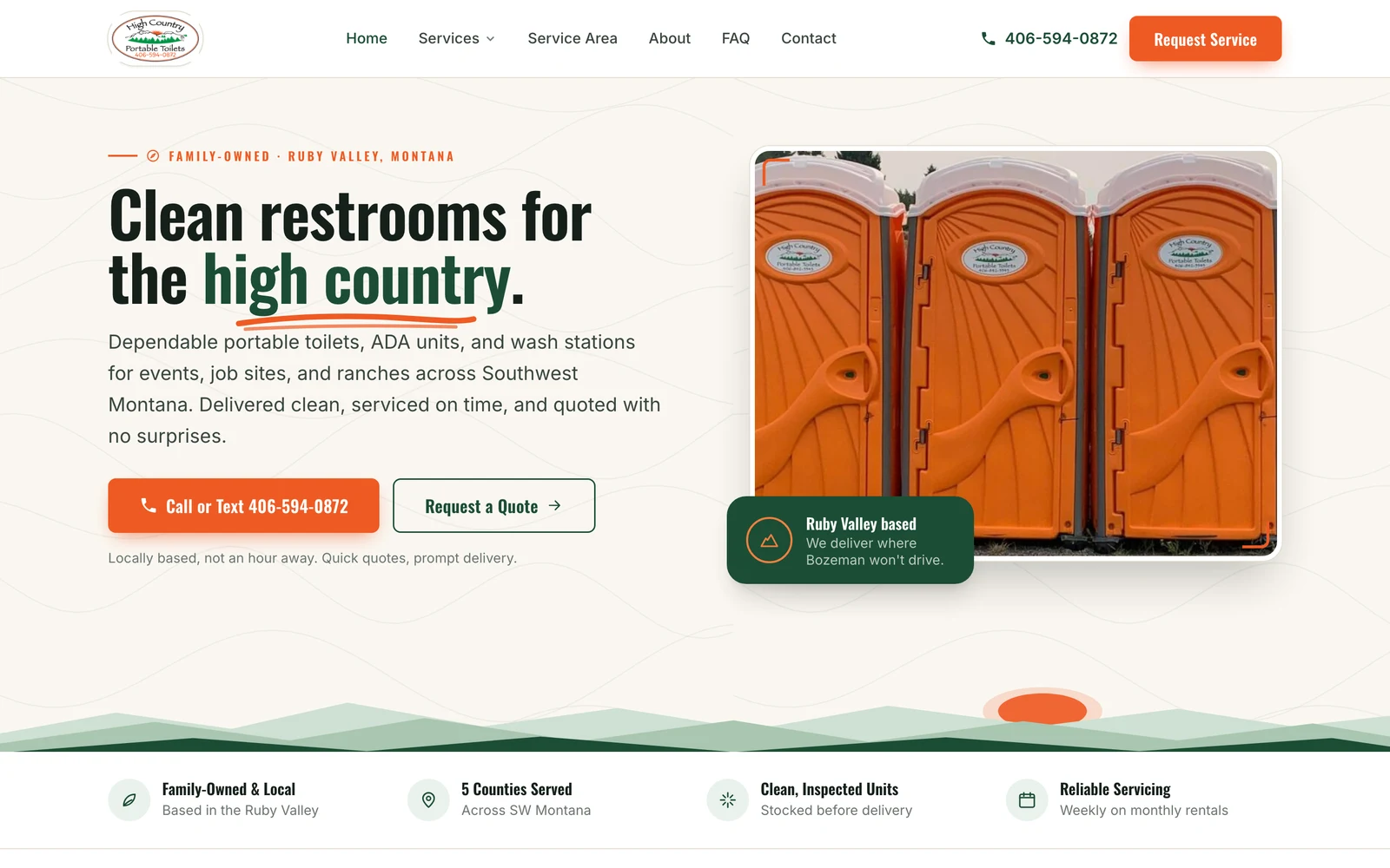 Website homepage for High Country Portable Toilets, Event and construction portable sanitation