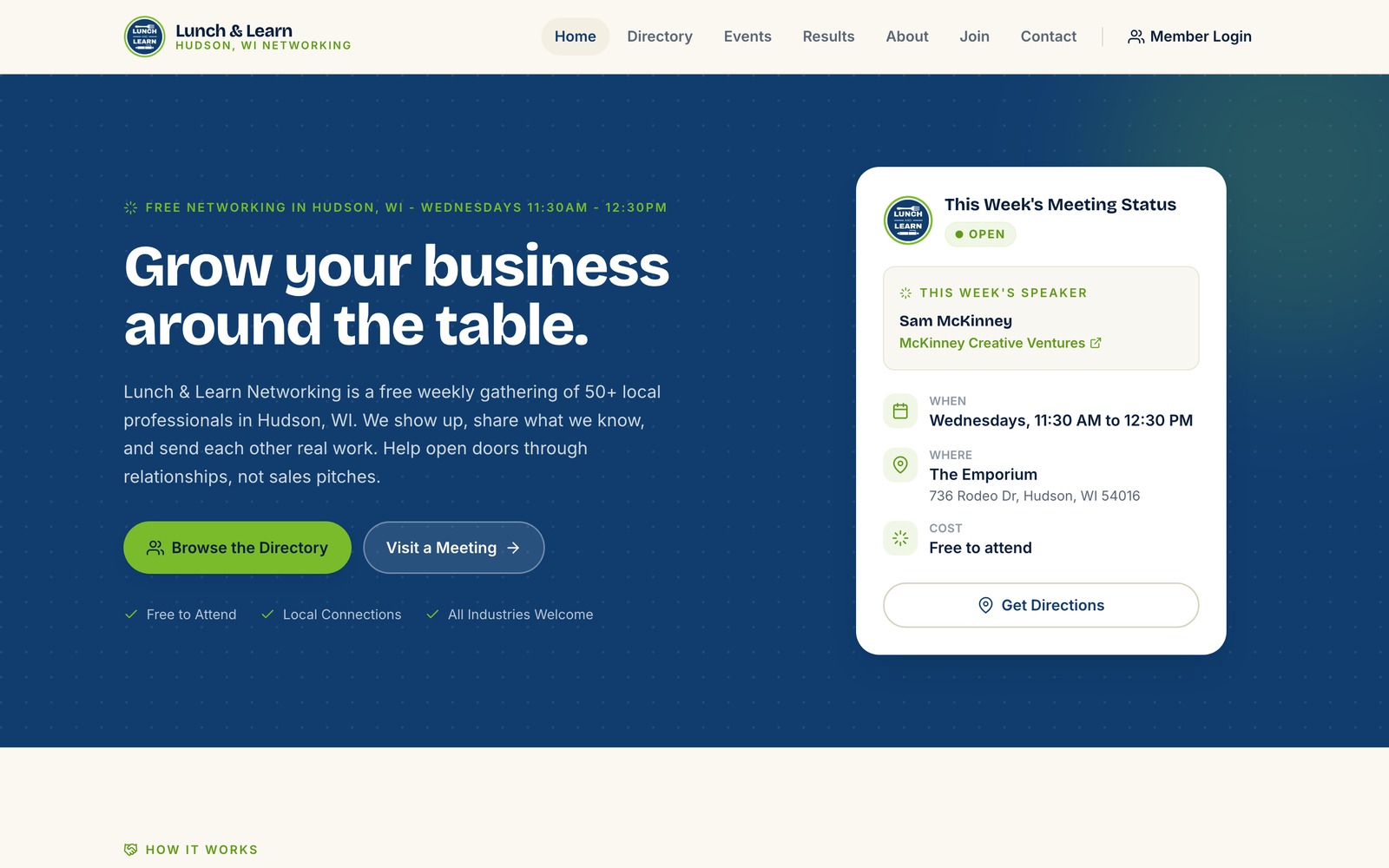 Website homepage for Lunch and Learn Networking Group, Professional networking and education events