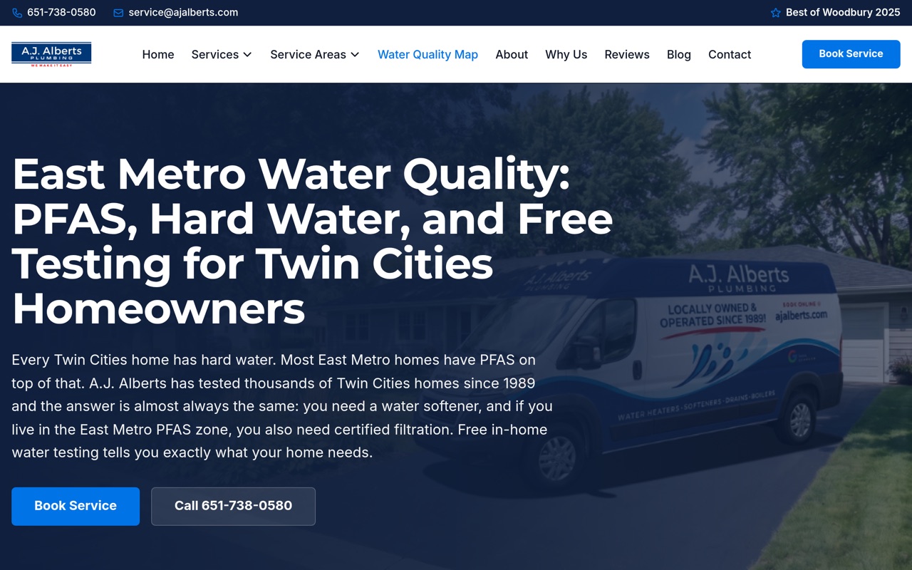 A.J. Alberts Interactive Water Quality Map, A location-aware tool that shows East Metro homeowners their local water quality and routes them to the right service.