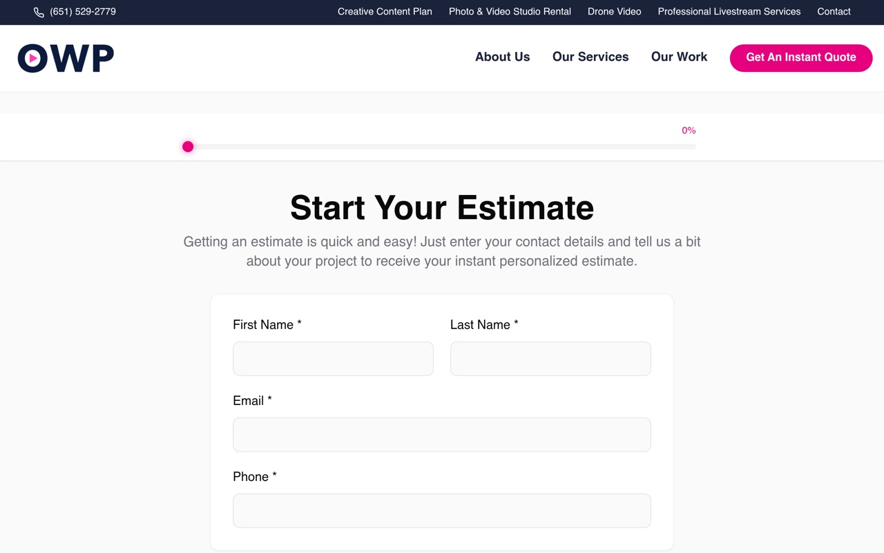 Open Window Productions Instant Quote Tool, A guided, multi-step estimator that turns video production inquiries into instant personalized quotes.